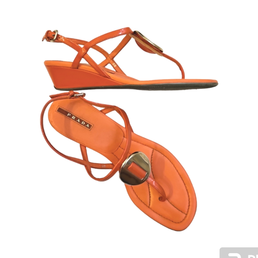 Prada Knot Leather Strap Wedge Sandals Size 7.5 (38) Pink Coral